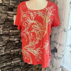 Karen Scott Top Size L Floral Print Gold Trim with Rhinestones Art to Wear Aztec